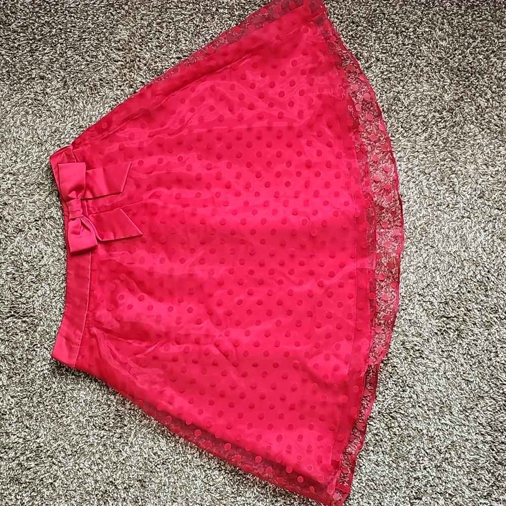 ELLE Red Flocked Polka Dot A-Line Skirt with Bow Detail - Size L